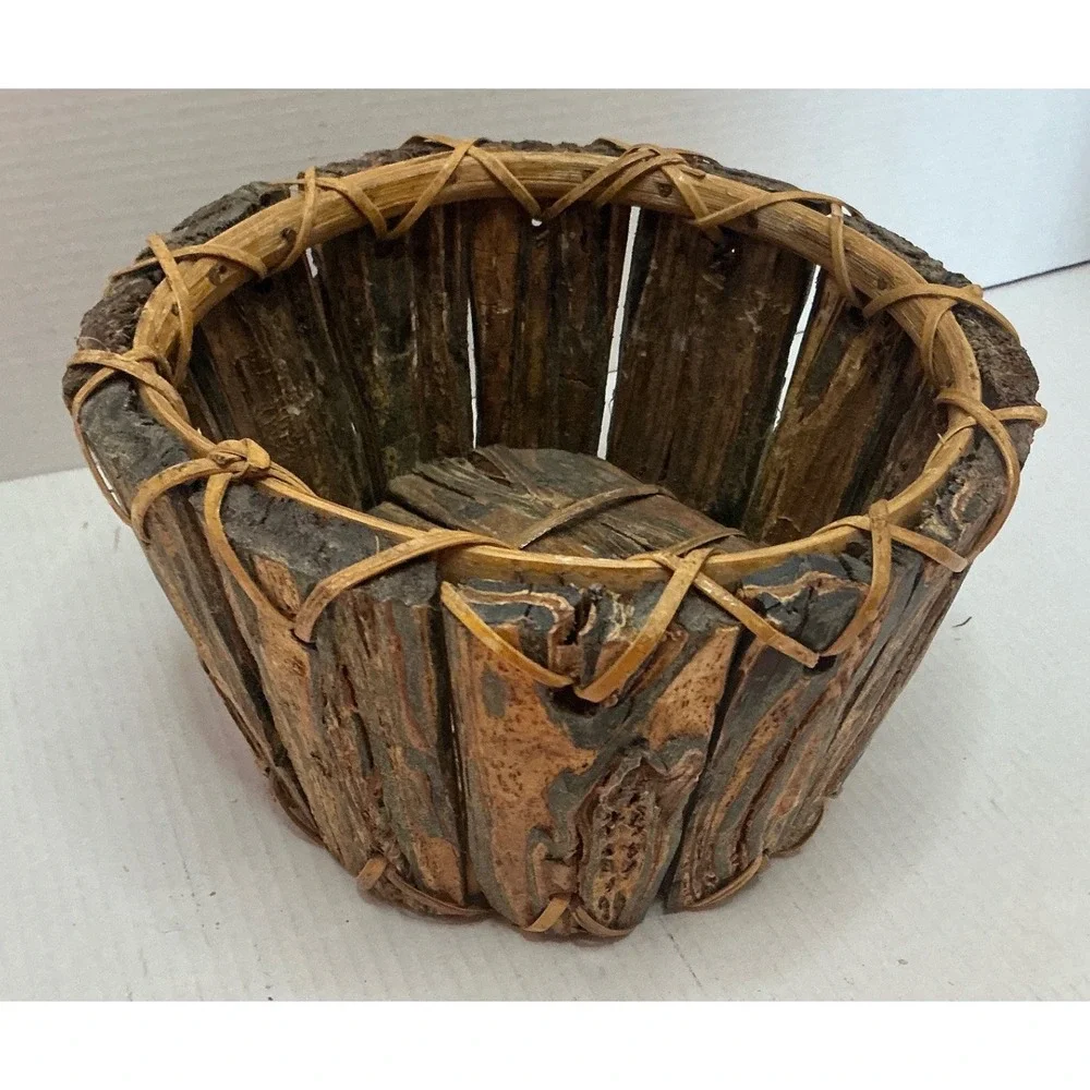 Vintage Bark Wood Basket Rustic Round Planter Brown Cabin Decor 8.5in